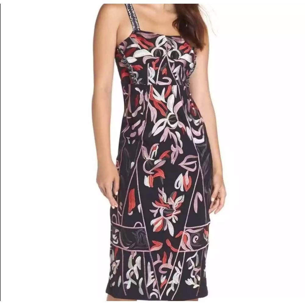 Anthropologie Foxiedox Takeo Column‎ Black Dress Sheath Embroidered 8 Bodycon